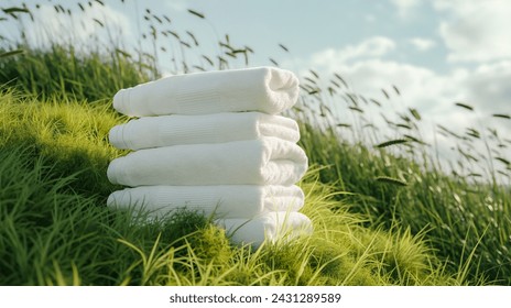 Eco Friendly Freshness Stack of Soft Towels on Lush Green Mountain Top spa