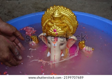 Eco friendly ganpati visarjan at home in plastic tub for save water and environment pollution . 
