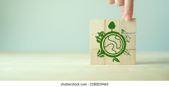 Eco Friendly, Green Company Culture Concept. Carbon Neutral And Net Zero Target. Sustainable Enviroment And Business Limit Global Warming. Build Green Community. Wooden Cubes With Eco Globe Icon.