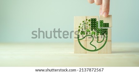 Eco friendly, green company culture concept. Carbon neutral and net zero target. Sustainable enviroment and business. Build green community. Hand holds wooden cubes with eco globe on grey background.