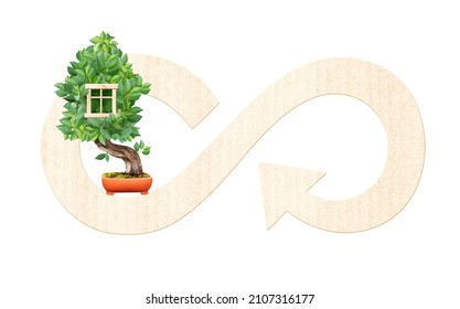 Eco Friendly Home Concept. Eco House Made Up Of Green Leaves And Circular Economy Icon With Paper Texture. Eco-friendly, Ecology And Zero Waste. Isolated On White Background