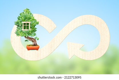 Eco Friendly Home Concept. Eco House Made Up Of Green Leaves And Circular Economy Icon With Paper Texture. Eco-friendly, Ecology And Zero Waste. On Blue Sky Background