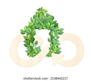 Eco Friendly Home Concept. Eco House Made Up Of Green Leaves And Circular Economy Icon With Paper Texture. Eco-friendly, Ecology And Zero Waste. Isolated On White Background