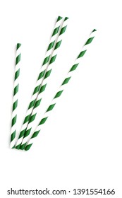 Eco Friendly Paper Straws In Green And White Stripes. Isolated On White Background In Vertical Format.
