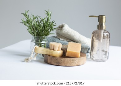 Eco Friendly Personal Care Products On White Background, Space For Text