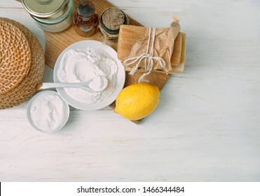 Eco Friendly Product, Home Cleaning. Essential Oil, Vegan Soap, Baking And Washing Soda, Vinegar, Lemon. Natural Domestic Cleaning. Simple Recipes Homemade. Zero Waste Detergent. Flat Lay