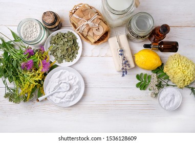 Eco Friendly Products For Cleaning And Care. DIY Ingredients - Essential Oil, Salt, Bath Soap, Baking And Washing Soda, Vinegar, Lemon, Lavender, Flower. Zero Waste Detergent. 