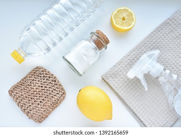 Eco friendly products for home cleaning, zero waste lifestyle, flat lay on white background.