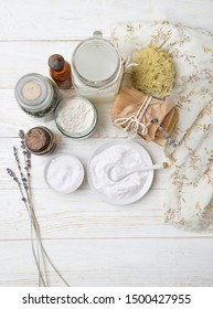 Eco friendly products for home cleaning. zero waste lifestyle. Ingredient DIY - essential oil, salt, bath soap, soda, lavender. Natural cosmetic cleaning and care product