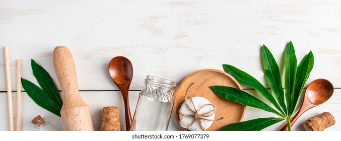 Eco Friendly Recyclable Products On White Wooden Background. Plastic-free Kitchen Accessories. Banner Format