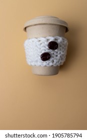 Eco Friendly Takeout Coffee Cup With Hand Knit Reusable Cosy Sleeve