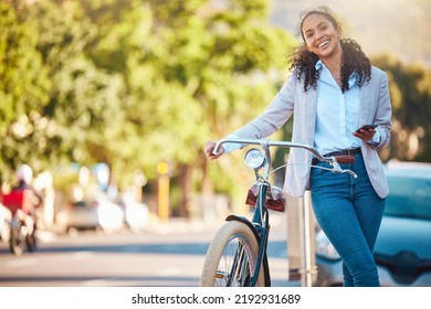 Eco friendly, worker travel and bike break outside in city. Business woman commuting with bicycle to reduce carbon footprint. Sustainability person traveling with green mindset and responsibility.