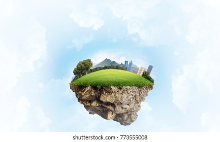 Eco green concept with cityscape on island floating in sky