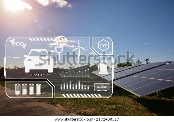 Eco green\
energy technology transport. solar panels on sunny day with\
environment Icons for charging electric car power or EV car,\
photovoltaic alternative electricity\
source