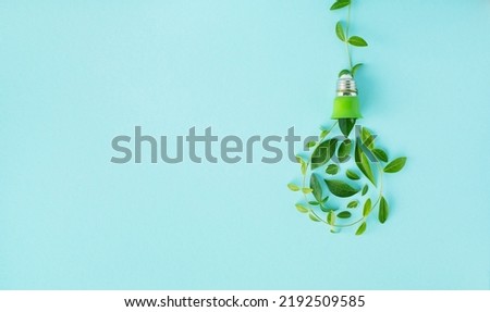 Eco lightbulb from green leaves top view. Renewable and saving energy concept. Ecology and environment sustainable resources conservation.