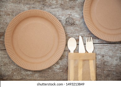 Eco Paper Plate Dish Fork On Old Wooden Table