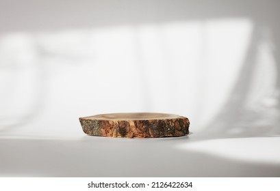 Eco rustic pine tree wood disc platform podium on white light and shadow copy spase background. Minimal empty display product presentation scene.