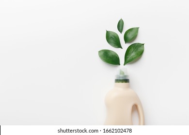 Eco Style Cleaning Concept. Bottle With Removing Dirt Detergent For Everyday Cleaning On White Background, Copy Space