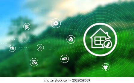 Eco technology or environmental technology concept with environment Icons over the network connection on green leaf energy sources for renewable, sustainable development. - Shutterstock ID 2082059389