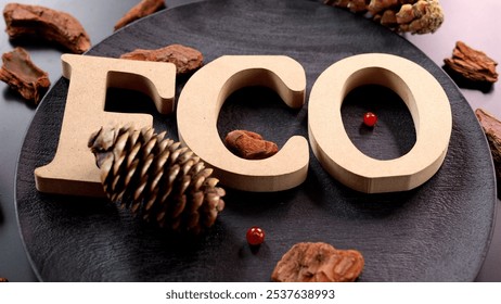  Eco written by wood letters on black surface, pine cone beside, rustic wood scattered, vibrant red berries add color, natural scene evokes sustainability. Symbol of eco harmony, wood decor concept. - Powered by Shutterstock