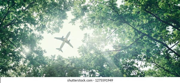 Eco-friendly air transport concept. The plane flies in the sky against the background of green trees. Environmental pollution. Harmful emissions