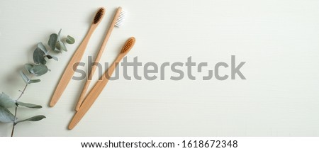 Eco-friendly bamboo toothbrushes and eucalyptus leaf on green background. Natural organic bathroom beauty product concept. Flat lay, top view, copy space Foto stock © 