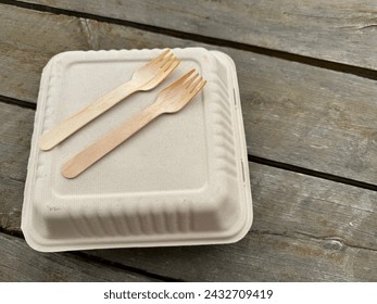 Eco-friendly dining boxes and forks in action of environmental sustainability