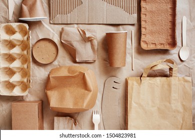 Eco-friendly disposable packaging, waste recycling concept, paper and cardboard waste, rubish sort and plastic free lifestyle 