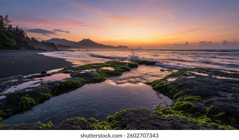 Eco-Friendly Dusk Serenity Over Pulau Alor’s Volcanic Tide Pools with Crashing Waves