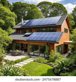 eco-friendly home with solar panels on the roof, a lush green garden with native plants, and large windows for natural light.