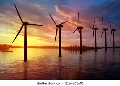 Eco-friendly receipt electrical energy. Wind generators in water. River power plant. Clean electricity farm. Wind generators before sunset. Windmills with setting sun. Regenerative energy.