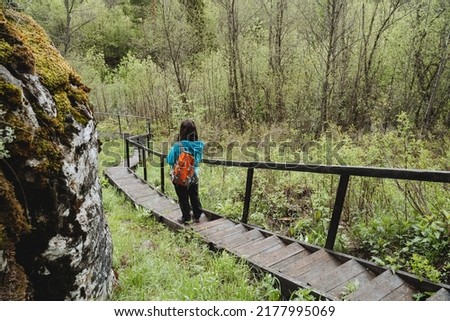 Ecological trail for travel in the national park, stairs with railings in nature, steps made of wood, safe descent, hike with a backpack. High quality photo