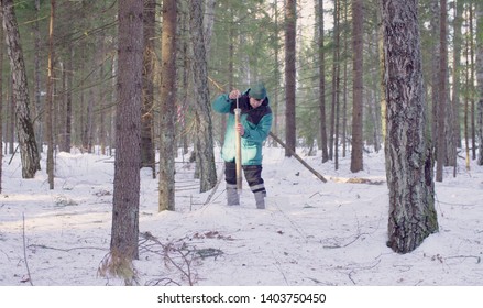 Ecologist getting samples of snow in the winter forest