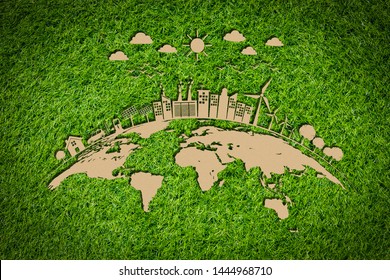 Ecology concept with green city on earth, World environment and sustainable development concept with paper art style