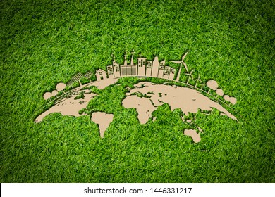 Ecology Concept With Green City On Earth, World Environment And Sustainable Development Concept With Paper Art Style