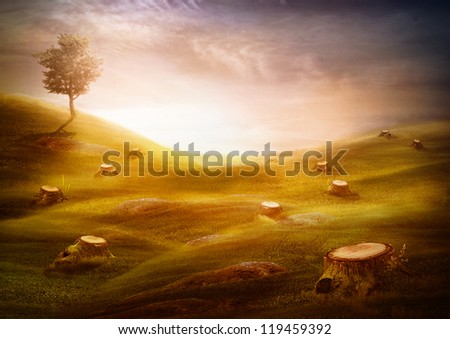 Ecology & environment design - Forest destruction. Environment concept with cut trees in the meadow with one left tree on the hill.