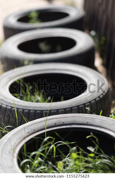 Ecology and environment. A large rubber tires on\
the yard with a lot of\
grass