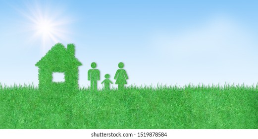 Ecology And Environmental Concept : Family And Home Icon On Green Artificial Grass With Blue Sky And Sunlight In Background.