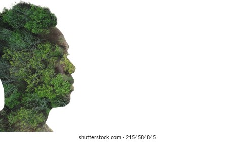 Ecology Problem. Save Forest. Nature Conservation. Double Exposure Profile Silhouette Of Sad Pensive Man Face With Green Trees Foliage Isolated On White Copy Space.