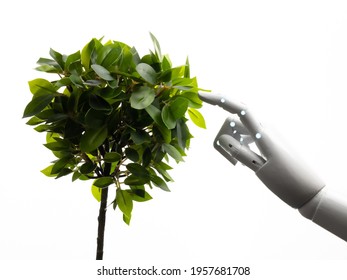 Ecology Technology Concept With Robot Arm With Green Leaves Isolated On White