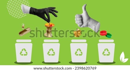 Ecology, waste sorting, recycling. A hand in a black glove sorts household waste and a hand with a thumbs up gesture as a sign of approval. Minimalist art collage