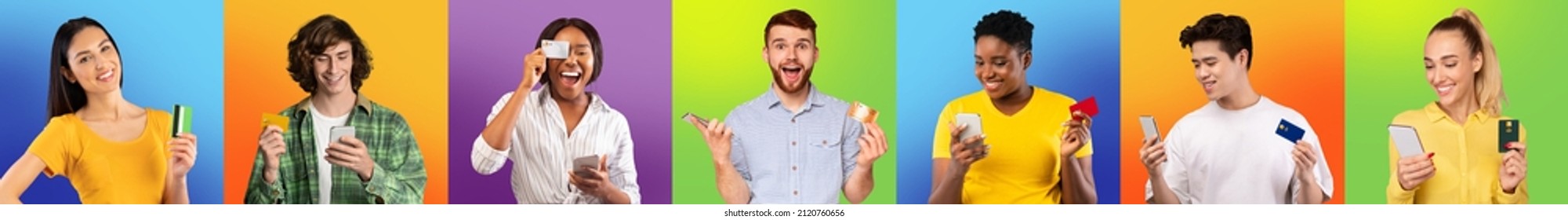 Ecommerce Concept. Diverse Group Of Excited Multiracial People Holding Debit Credit Cards And Using Cell Phones Making Payment Ordering Purchase Online, Posing On Colorful Studio Backgrounds, Collage