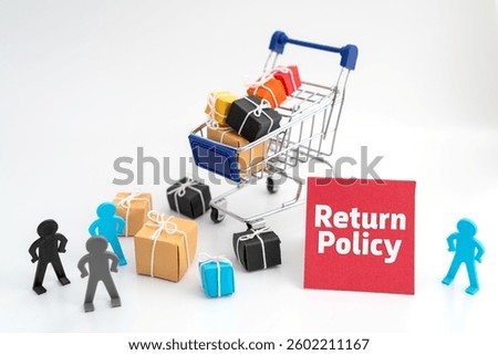 E-Commerce Concept – Mini Trolley with Shopping Boxes along with Miniature Figures and a Red Label Highlighting 'Return Policy'
