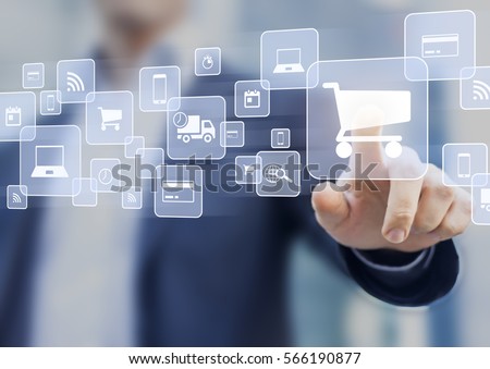 E-commerce concept with a person touching a button on a digital interface with icons of shopping cart, delivery truck and credit card, symbol of online purchase on internet