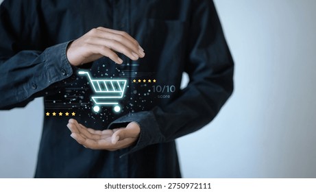 Ecommerce customer satisfaction concept with glowing digital shopping cart and five star rating interface between hands, representing online shopping experience, product reviews and digital retail performance.