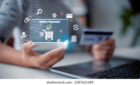 E-commerce delivery online payment. Access paying online payment concept. Women use laptop banking and online shopping via banking mobile apps, E-transactions and financial technology.