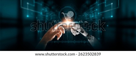 E-commerce: Hands of Robot and Human Touch E-commerce of Global Networking, Online Transactions, Seamless Integration, Embracing Digital Technologies of Future.