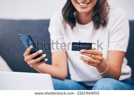 Ecommerce, hands or woman with credit card or phone for a digital payment on sofa relaxing at home. Smile, finance or happy girl online shopping for subscription sales offer, banking or fintech deal