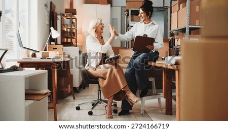 Ecommerce, people and high five with tablet, success or clipboard for sales target in small business. Manager, happy women and celebration in office with tech, checklist or achievement for logistics.