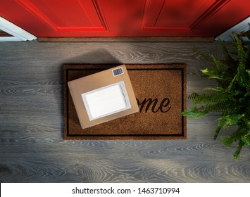 E-commerce purchase outside the door. Overhead view. Add your own copy and label